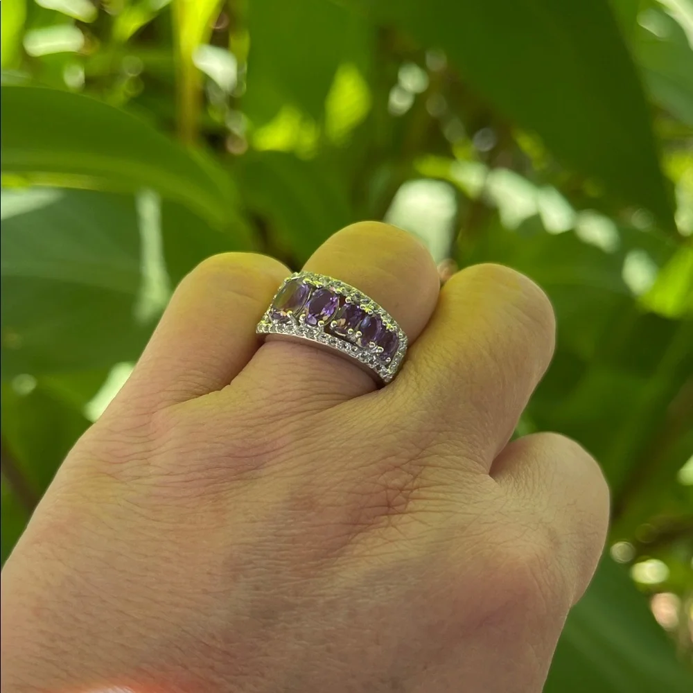 Genuine Natural Purple Amethyst 2ct, White Topaz .20 Gemstone Silver Ring Size 6